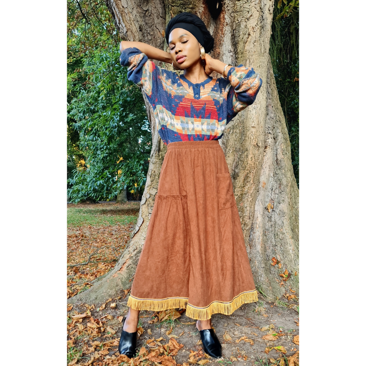 Corduroy Ruffle PreFringed Maxi Skirt