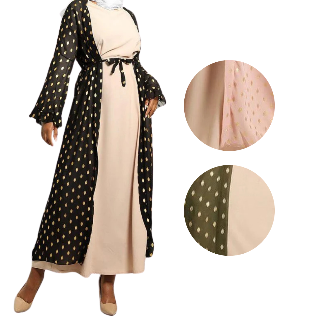 Gold Bokeh Print Chiffon Open Abaya