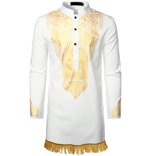 Gold Print Dashiki Shirt with Fringes - Free Worldwide Shipping- Sew Royal US