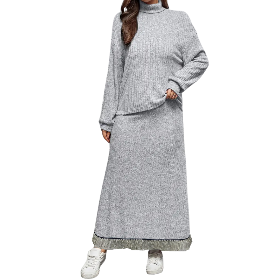 Knitted Stand Collar Long Sleeve Top with Skirt Set