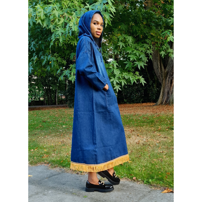 Hooded Denim Midi Dress with Gold Bullion Fringe