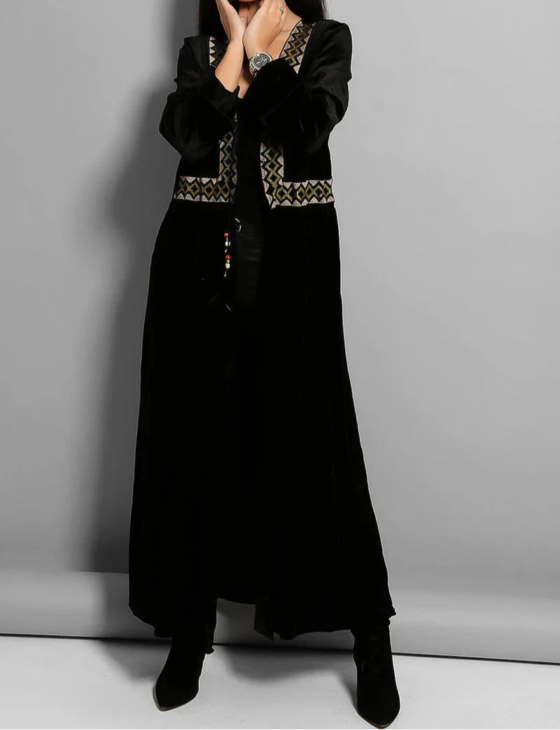 Black Embroidered Panel Open Abaya