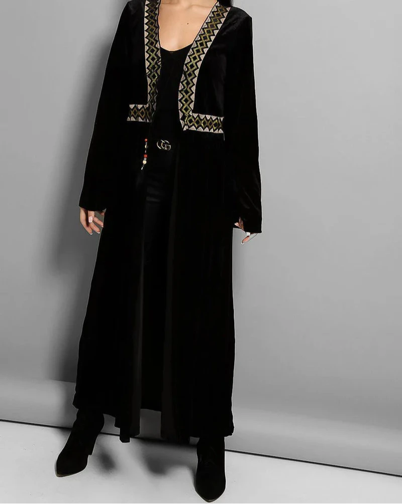 Black Embroidered Panel Open Abaya