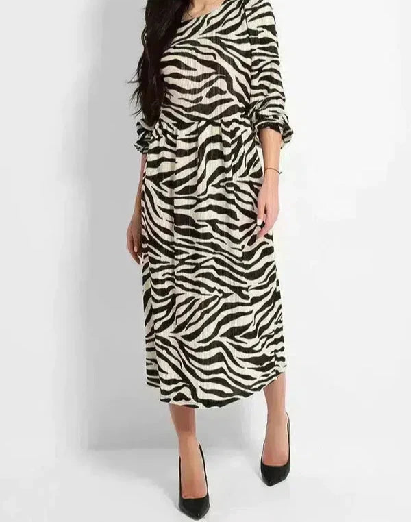 Zebra Print Pleated Balloon Sleeves Midi Dress