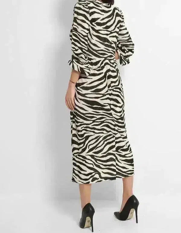 Zebra Print Pleated Balloon Sleeves Midi Dress