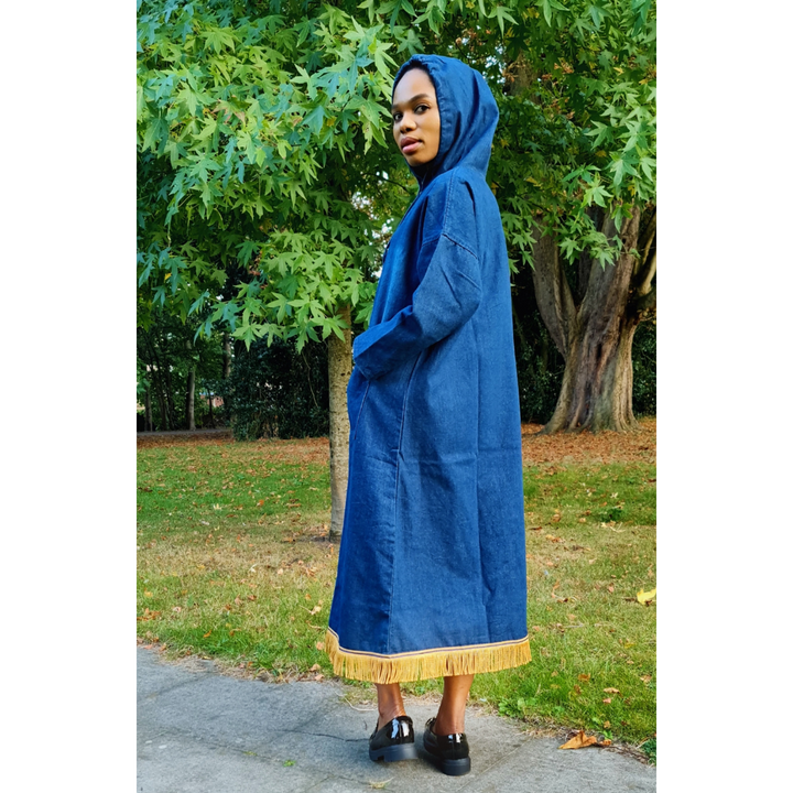 Hooded Denim Midi Dress with Gold Bullion Fringe