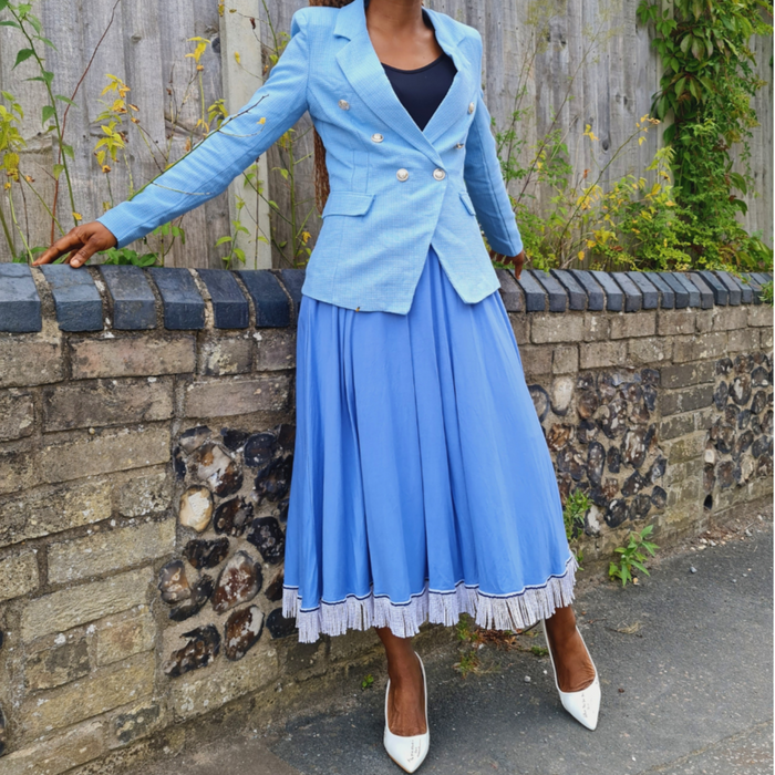 Denim Circle Midi Skirt with Pockets with Pink Bullion Fringe