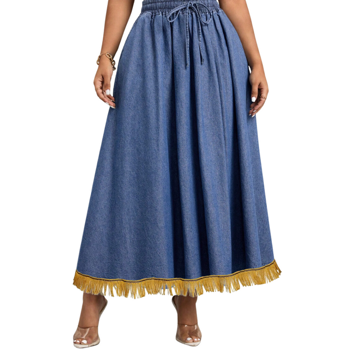 100% Cotton Drawstring A-Line Maxi Skirt with Pockets