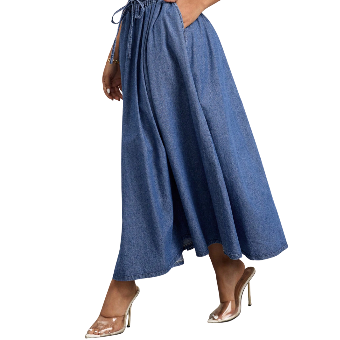 100% Cotton Drawstring A-Line Maxi Skirt with Pockets