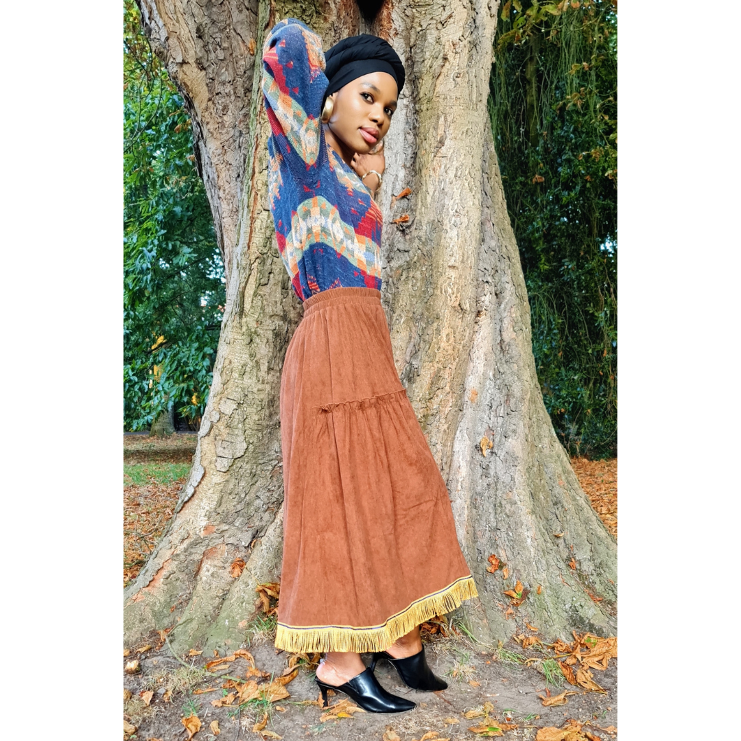 Corduroy Ruffle PreFringed Maxi Skirt