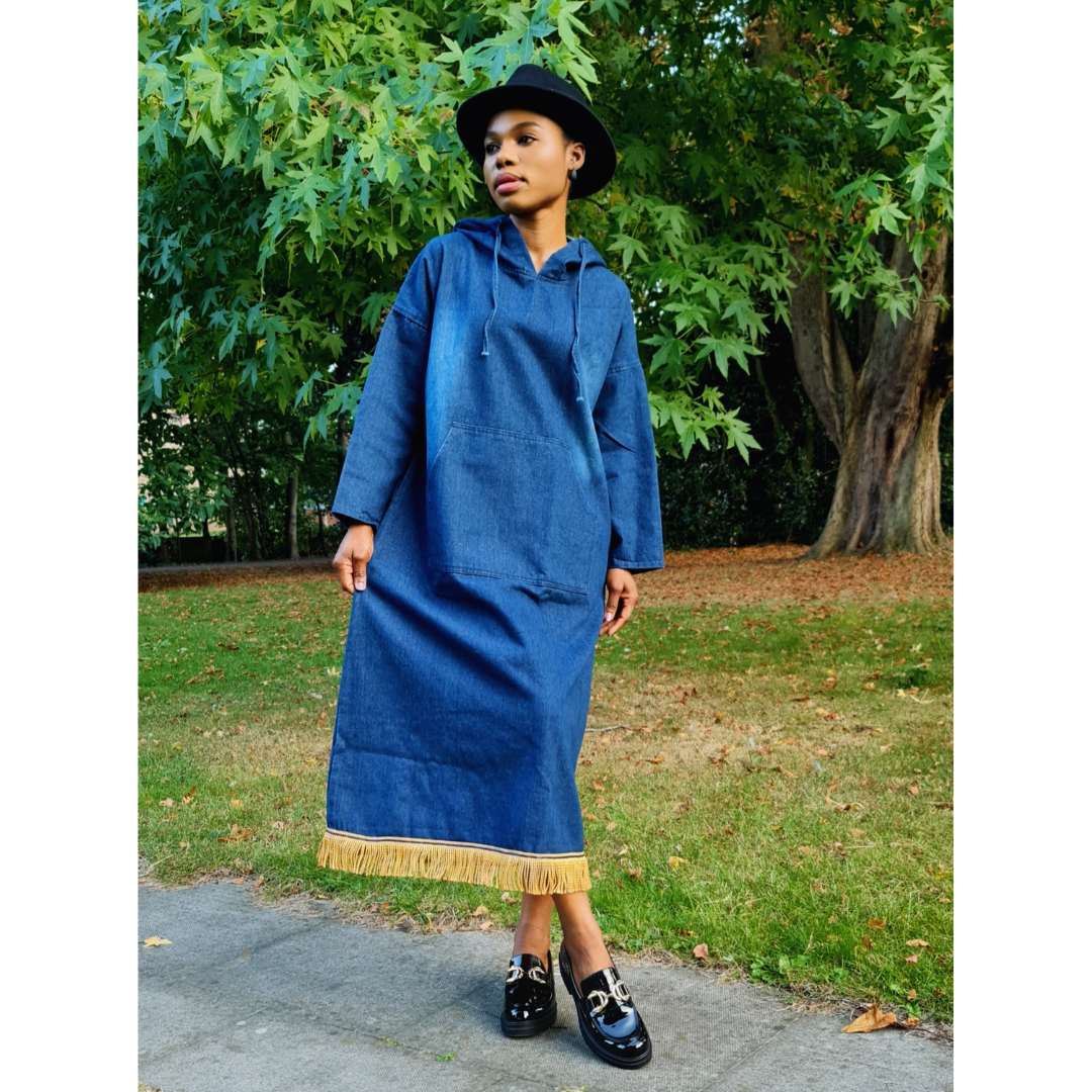 Hooded Denim Midi Dress with Gold Bullion Fringe