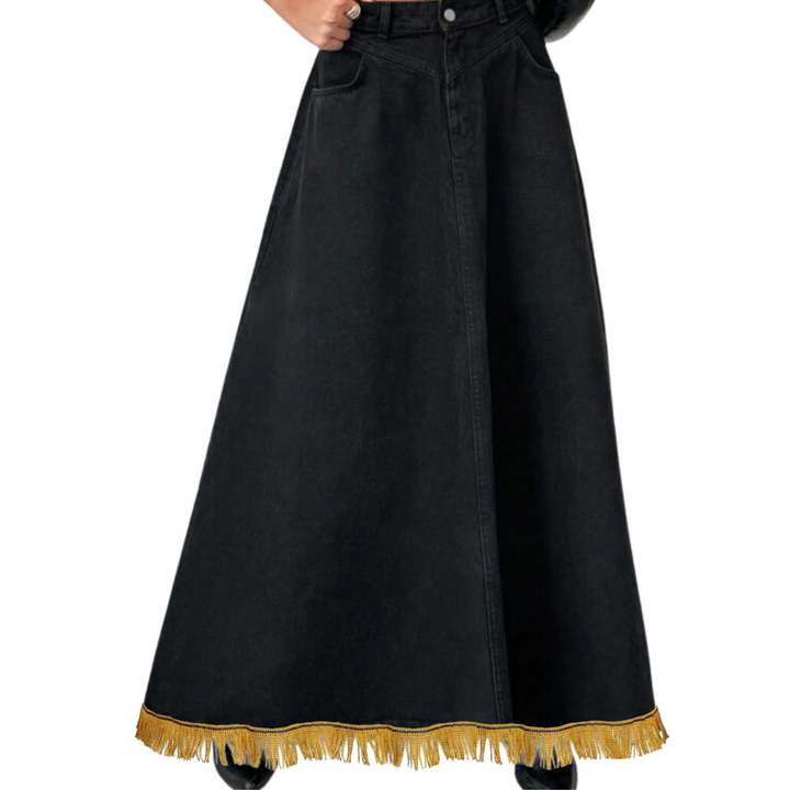 100% Cotton Denim Flare Maxi Skirt with Pockets