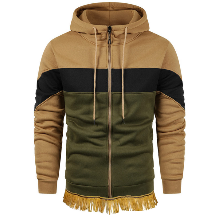 Men's Patchwork Zipper Hoodie with Fringes