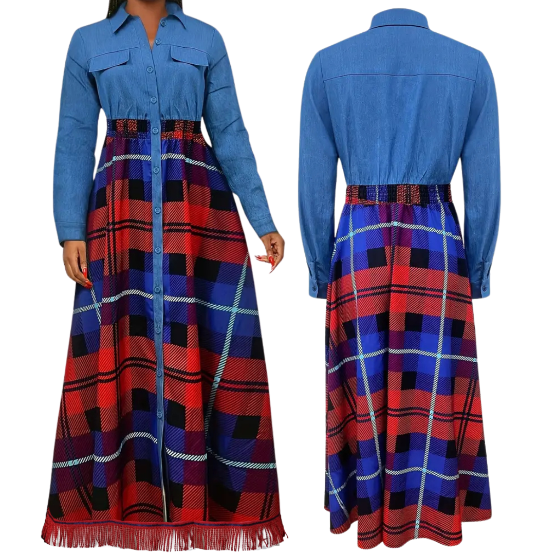 Plaid Button Front A-line Maxi Dress