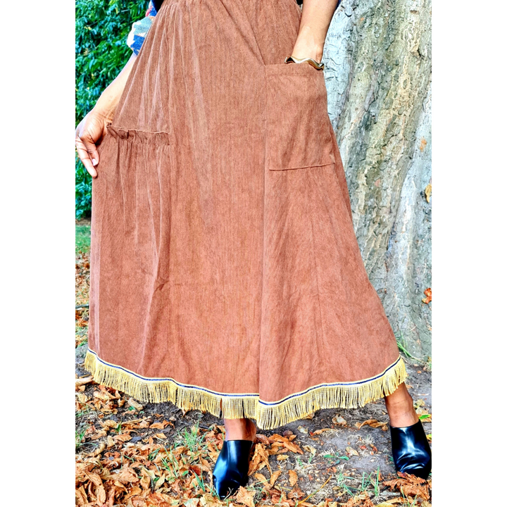 Corduroy Ruffle PreFringed Maxi Skirt