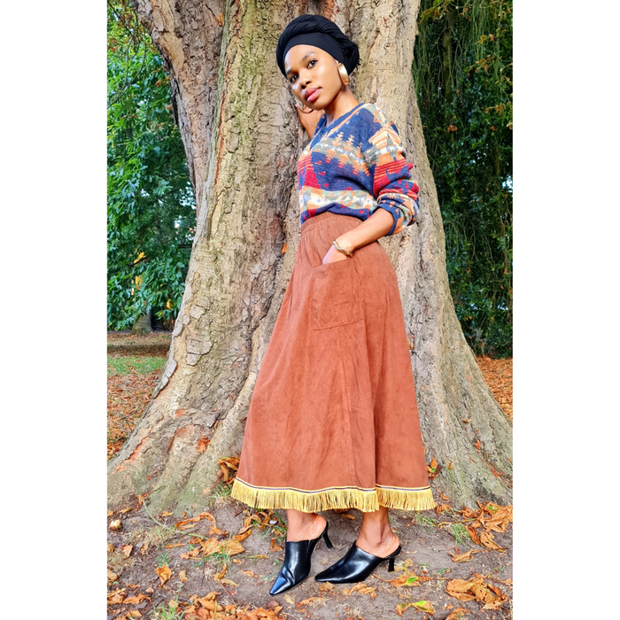 Corduroy Ruffle PreFringed Maxi Skirt