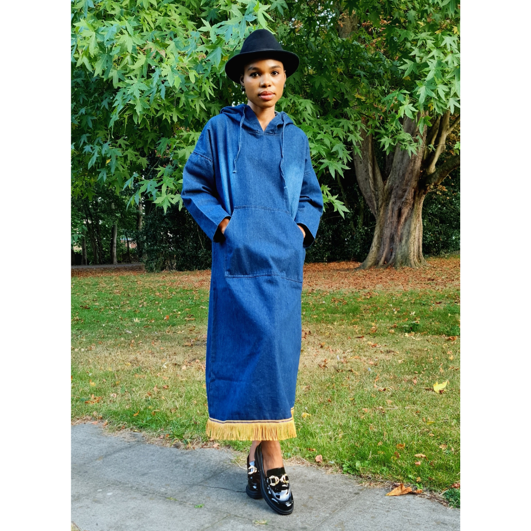 Hooded Denim Midi Dress with Gold Bullion Fringe