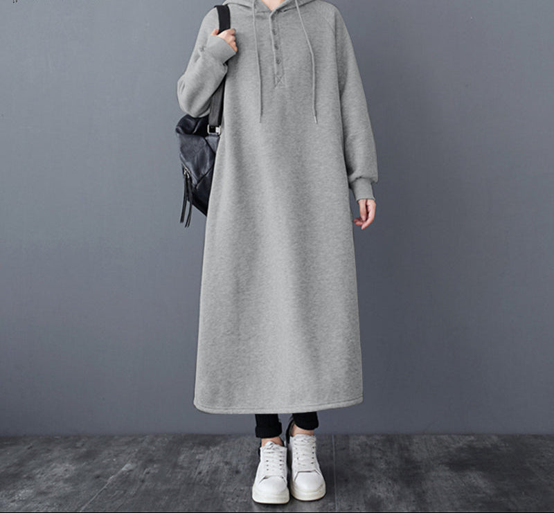 Button Front Hooded Sweatshirt Dress with Pockets