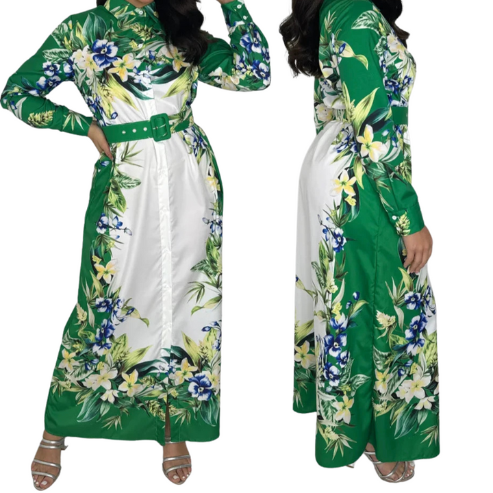 Green Floral Print Belted A Line Dress