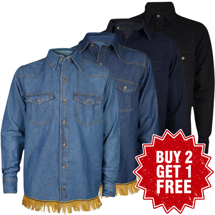 Men's Denim Long Sleeve Shirt with Fringes (BOGO)