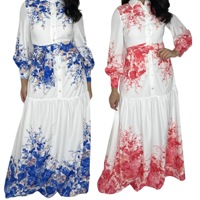 Floral Print Tie Dye Tiered Button Down Maxi Dress