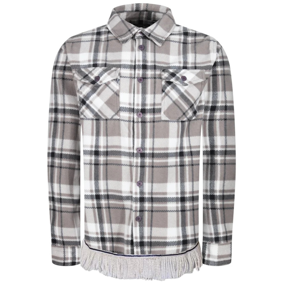 Men's Check Fleece Overshirt with Fringes