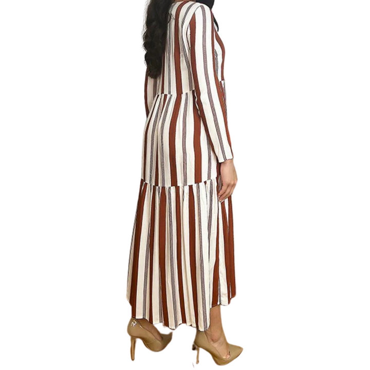 Long Sleeve Brick Stripe Tiered Midi Dress