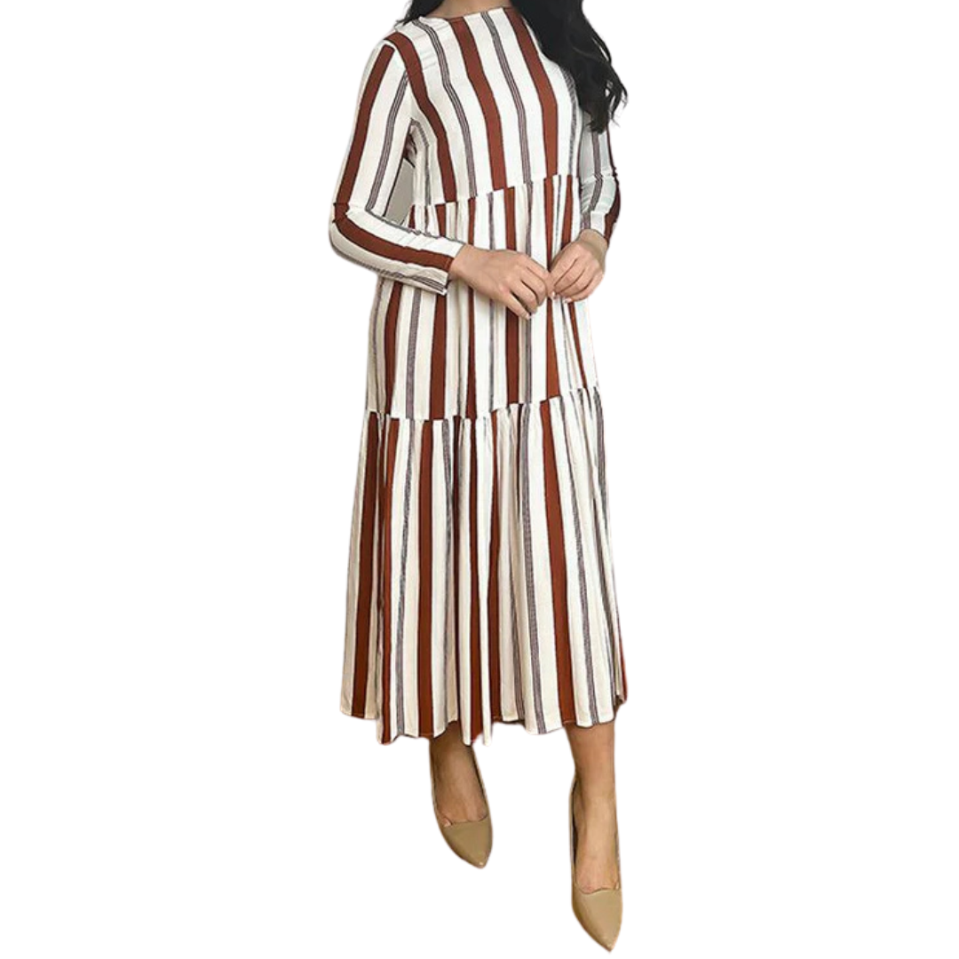 Long Sleeve Brick Stripe Tiered Midi Dress