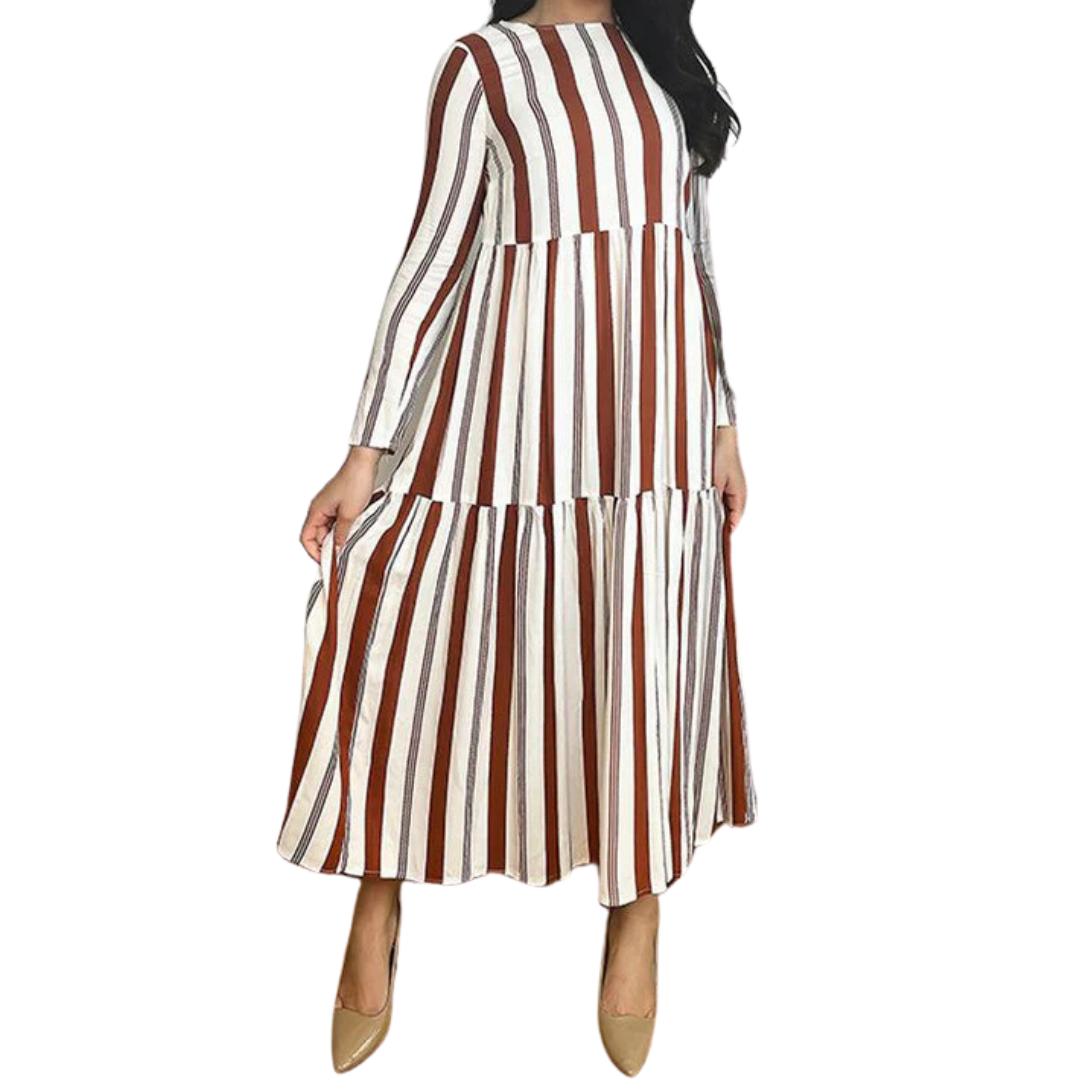 Long Sleeve Brick Stripe Tiered Midi Dress