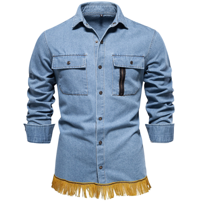 Men's Long Sleeve Denim Shirt with Fringes