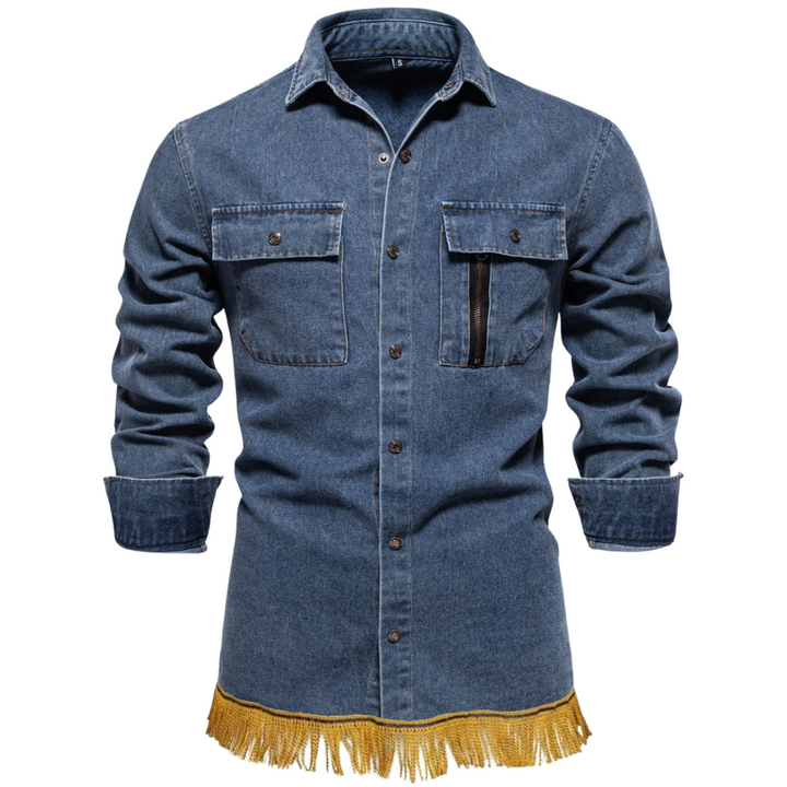 Men's Long Sleeve Denim Shirt with Fringes