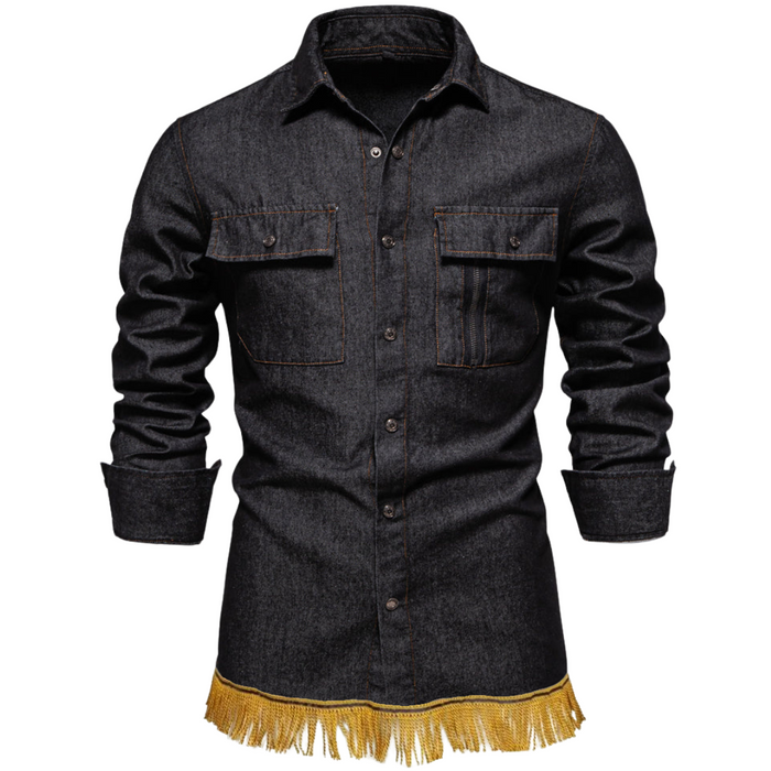 Men's Long Sleeve Denim Shirt with Fringes