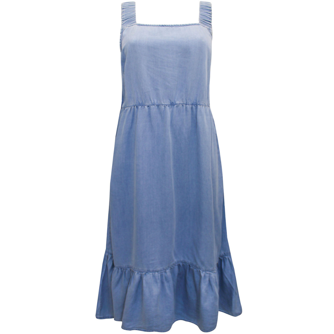 Soft Denim Square Neck Midi Dress with Pockets