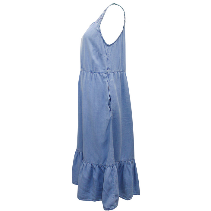 Soft Denim Square Neck Midi Dress with Pockets