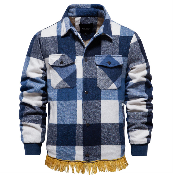 Men's Flannel Fleece Sherpa Jacket with Fringes