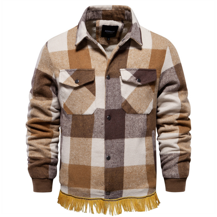 Men's Flannel Fleece Sherpa Jacket with Fringes