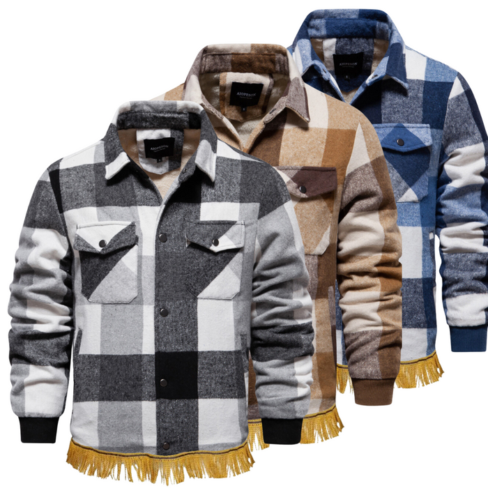 Men's Flannel Fleece Sherpa Jacket with Fringes