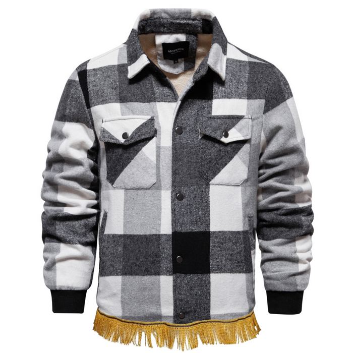 Men's Flannel Fleece Sherpa Jacket with Fringes