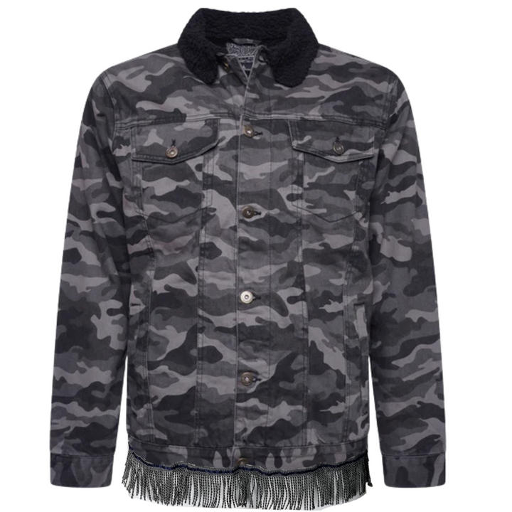 Camo Fleece Lined Denim Jacket with Fringes