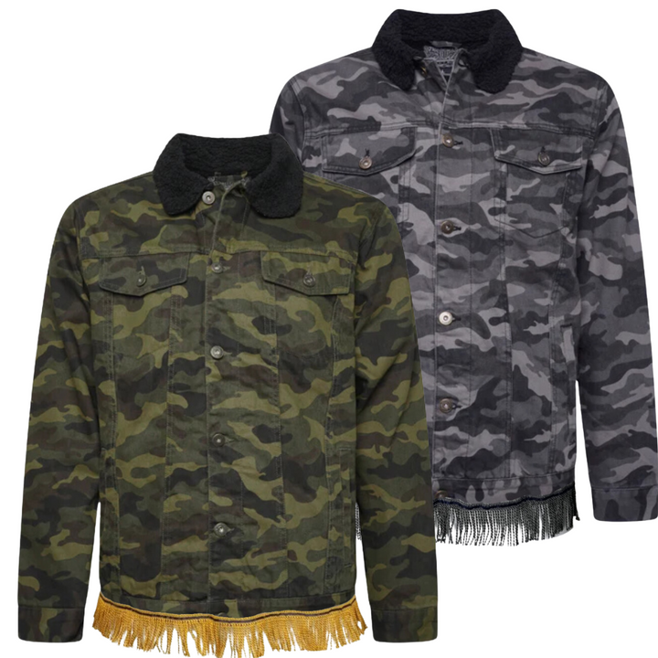 Camo Fleece Lined Denim Jacket with Fringes