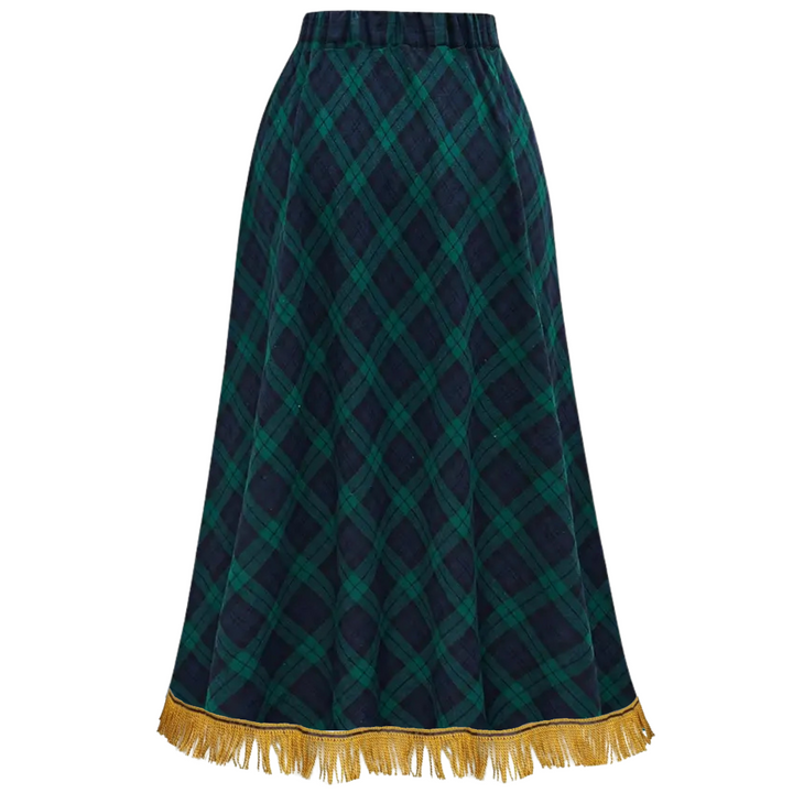 Green Elastic Waist Plaid Midi Skirt