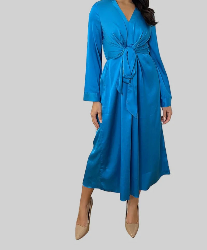 Blue Satin V-Neck Tie Waist Shirt Dress