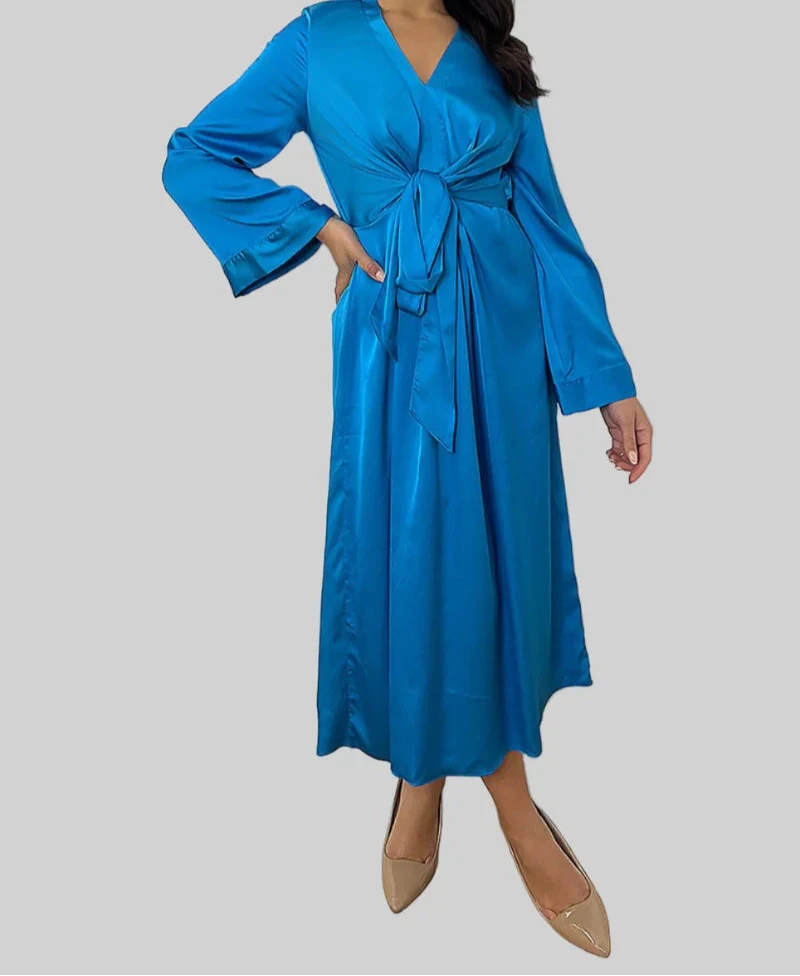 Blue Satin V-Neck Tie Waist Shirt Dress