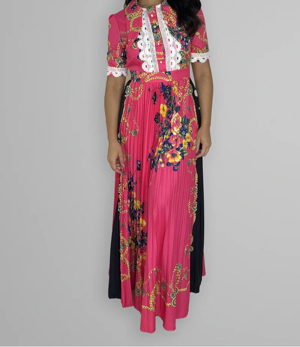 Satin Floral Print Pleated Maxi Dress