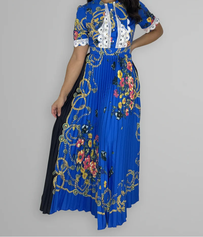 Satin Floral Print Pleated Maxi Dress