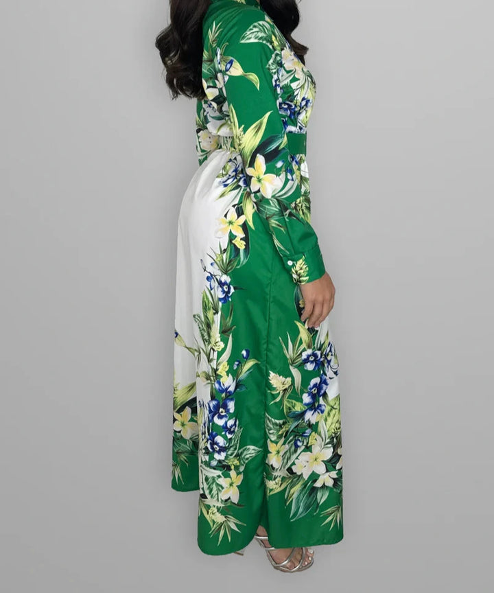 Green Floral Print Belted A Line Dress