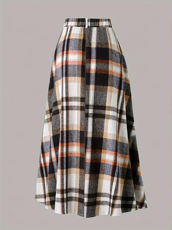 High-Waist Plaid A-Line Midi Skirt