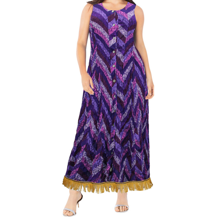 Purple Print Button Front Crinkle Maxi Dress