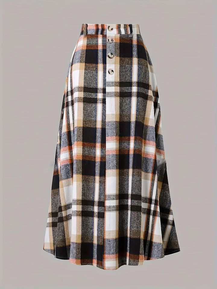 High-Waist Plaid A-Line Midi Skirt