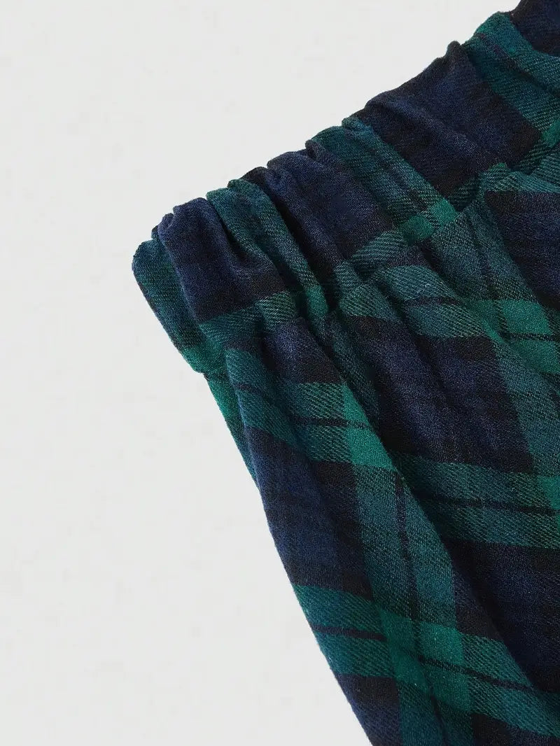 Green Elastic Waist Plaid Midi Skirt